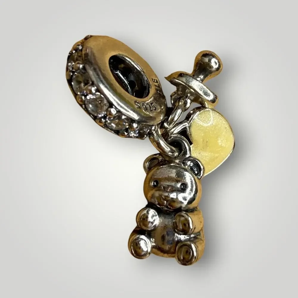Pandora ALE 925 Sterling Silver Baby Teddy Bear Heart Dangle Charm